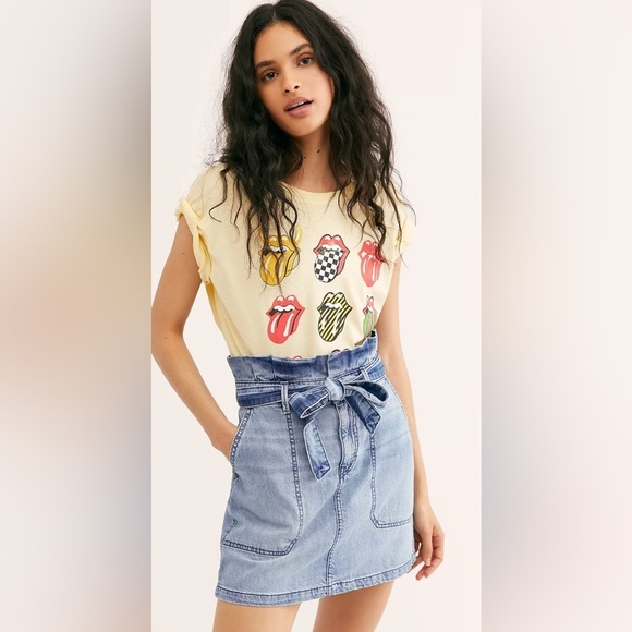 FREE PEOPLE Splendor In The Grass Denim Mini Skirt High Rise Belted Size 12 - Picture 1 of 12
